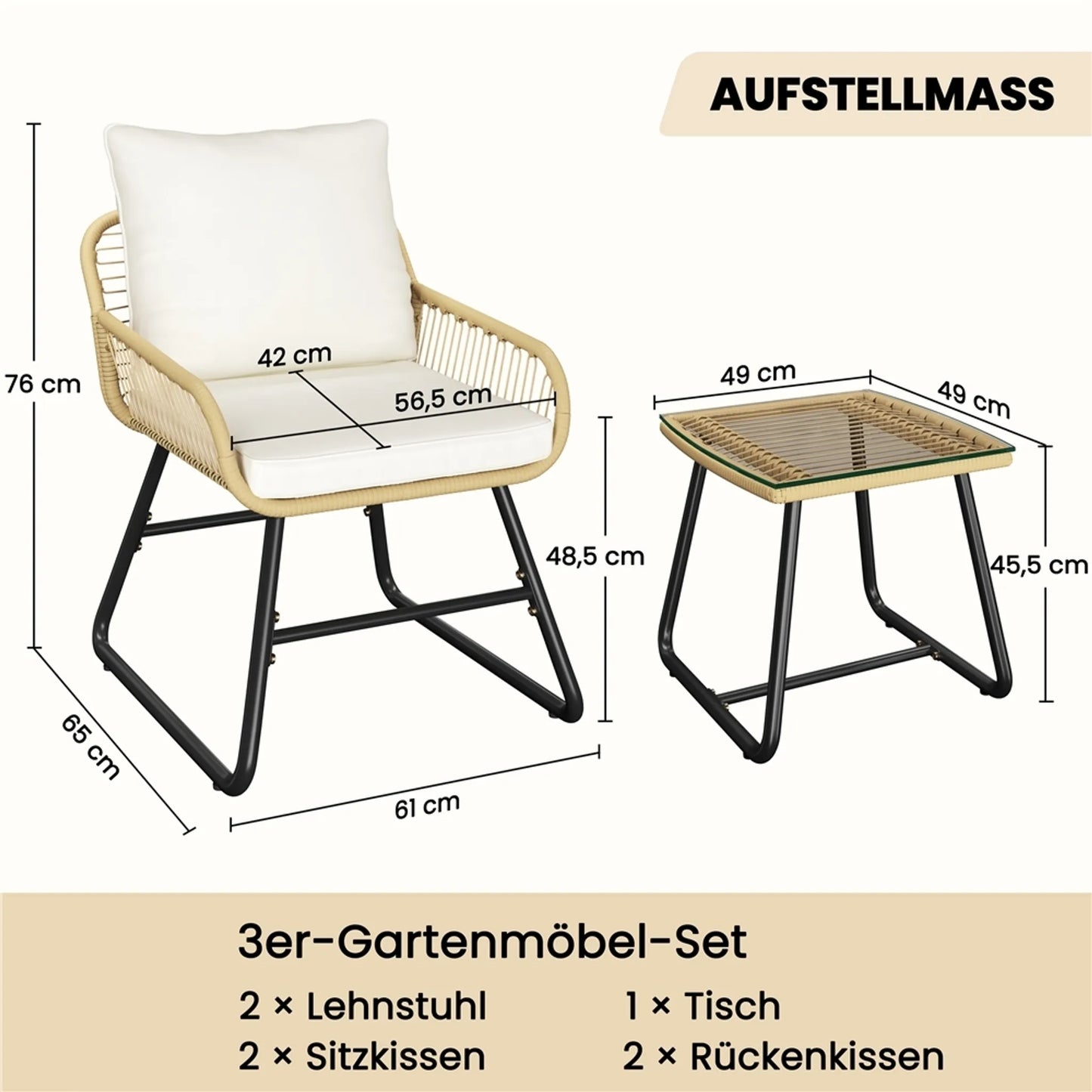 Yaheetech Bistro Set Garten Set 3-tlg. - 61 x 65 x 76 cm - Mit handgeflochtenem PE-Rattan und Glastischplatte sowie Sitz und Dekokissen - Für Balkon und Terrasse - Hellbraun und Metall