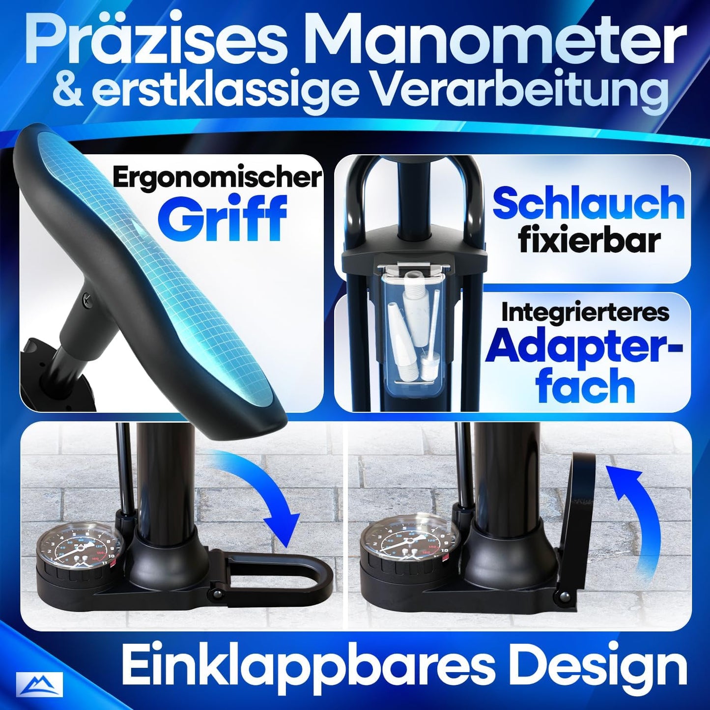 Nextcover - Fahrradpumpe – Airflow-Technologie – Mit Manometer – Schwarz