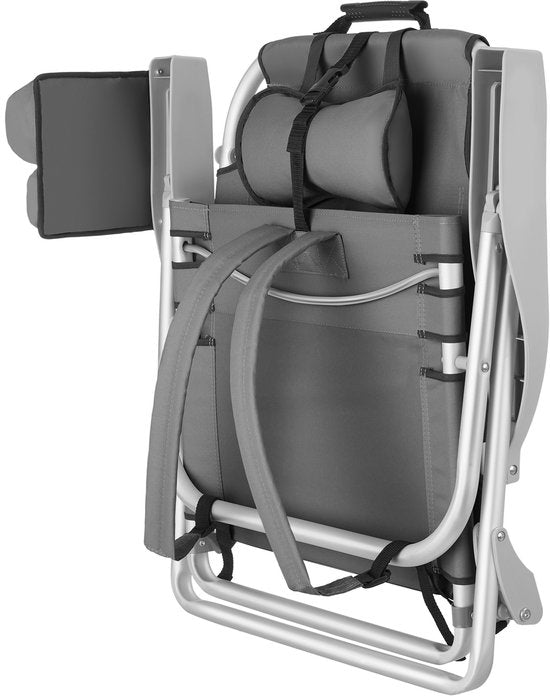 tectake® Beach Chair Coral - faltbarer Campingstuhl mit Kühltasche und Aufbewahrungstasche - 5-fach verstellbare Rückenlehne mit Kopfkissen - breite Armlehnen mit Becherhalter / Telefonhalter - faltbarer Campingstuhl - Grau