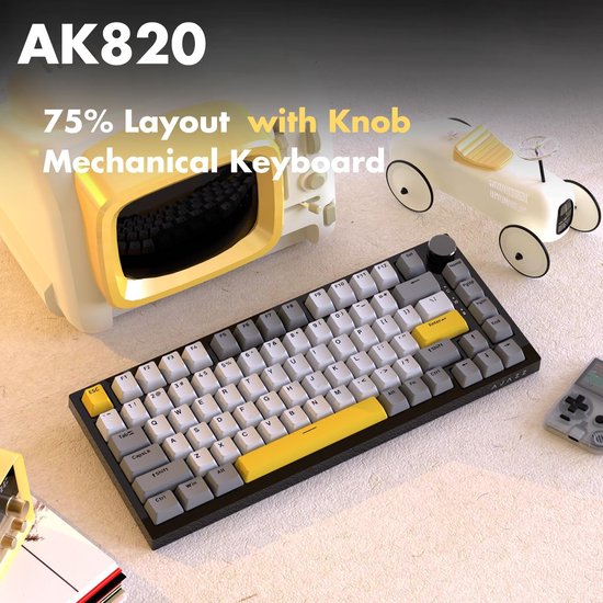 Ajazz AK820 – 75 % kabelgebundene RGB-Gaming-Tastatur – mechanisch – Gasket – Hot-Swap – Lautstärkeregler – QWERTY-Tastatur – 82 Tasten – Mondlichtgelb