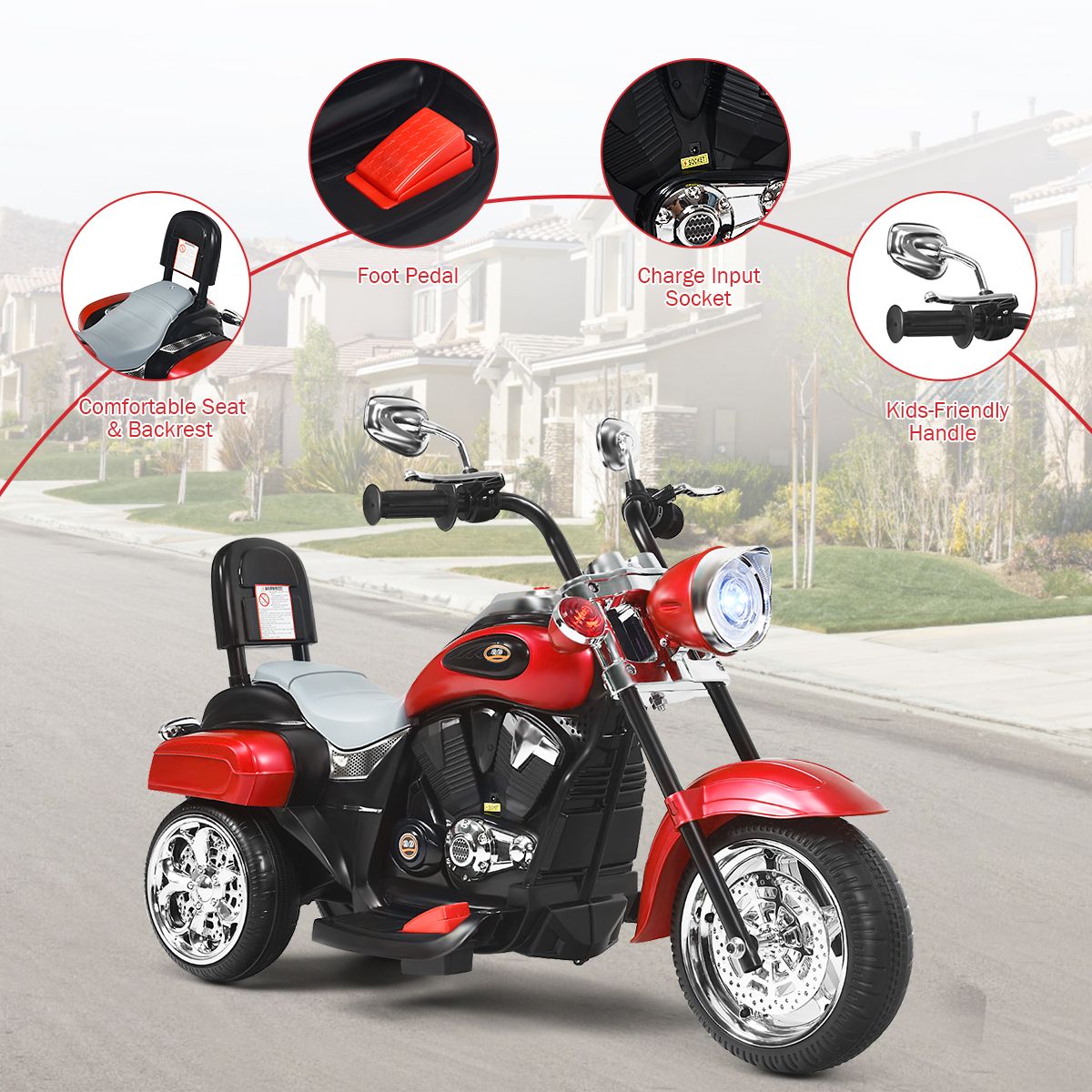 Coast Elektrisches Kindermotorrad – Dreirad mit verstellbarem Scheinwerfer und Hupe – Rot und Schwarz