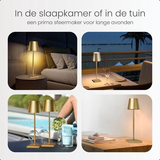 Goliving Tischlampe Wiederaufladbar - Kabellos und dimmbar - Moderne Touch-Lampe - Nachtlampe für das Schlafzimmer - 38 cm - Gold