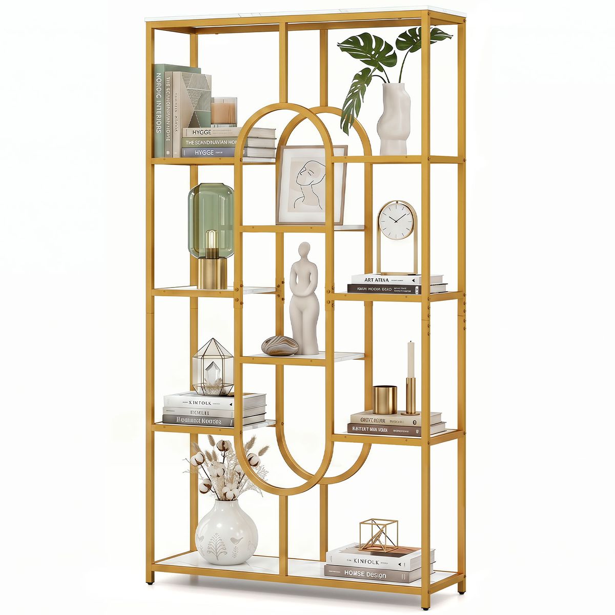 Coast Bücherregal, freistehend – 5-stöckiges offenes Regal – Geometrisches Design – Weiß und Gold – 95 x 30 x 175 cm