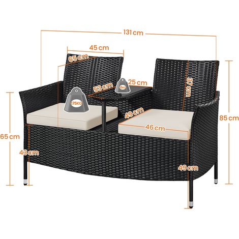 Yaheetech Gartenbank für 2 Personen – mit Glastischplatte – 131 x 65,5 x 85 cm – Schwarz/Beige