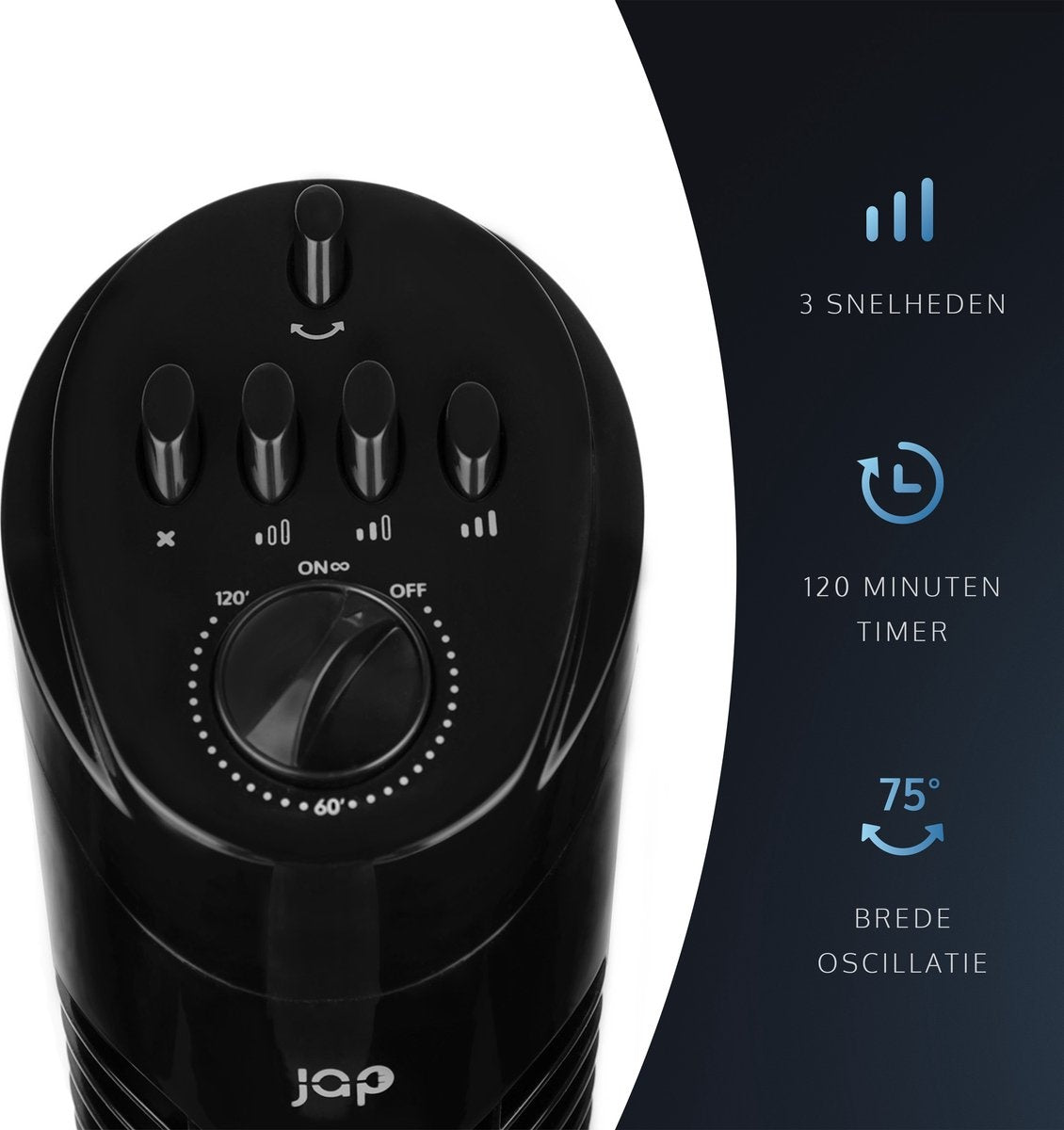 JAP - Quebec B-Q-ZWA - Oszillierender Turmventilator - mit Timer - Überhitzungsschutz - Schwarz