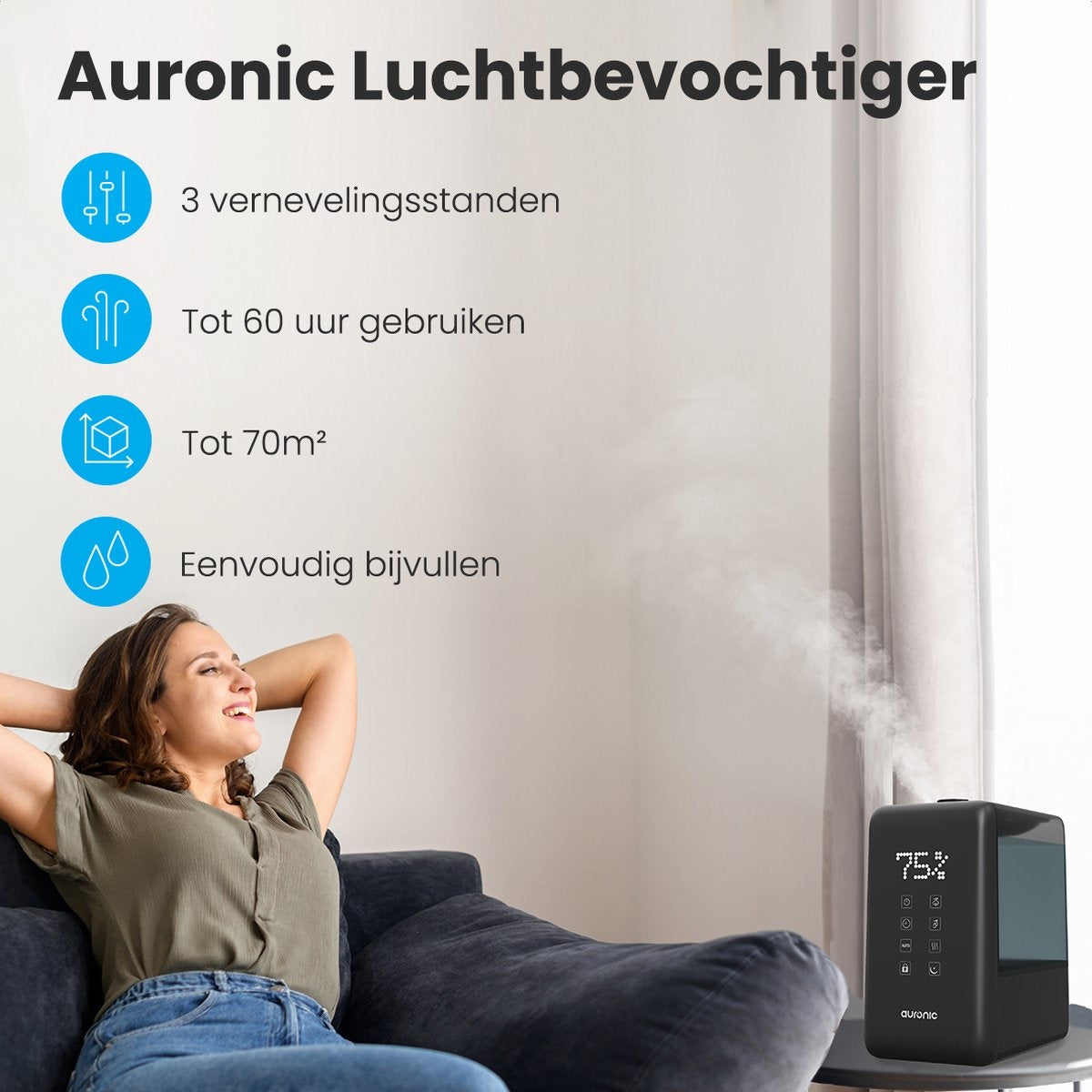 Auronic Luftbefeuchter - 3 Wärmestufen - 6L Tankkapazität - 70m2 - Wasserfilter inklusive - Schwarz