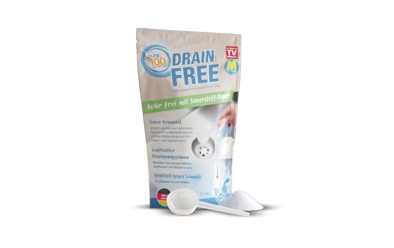 Pure100 Drainfree Abflussreiniger – 1 kg Granulat – 22 x 14 x 5 cm – Kraftvoller Abflussreiniger