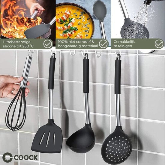 COOCK Kitchenware Set mit Halter XL - Kochgeschirr-Set 17-teilig - Silikon - BPA-frei & plastikfrei - aufhängbar - inkl. Ã–ffner