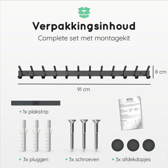 Volcan Wandgarderobe - 24 Haken - Wandgarderobe zum Aufhängen mit 3M-Band - Industriell - Schwarzer Edelstahl