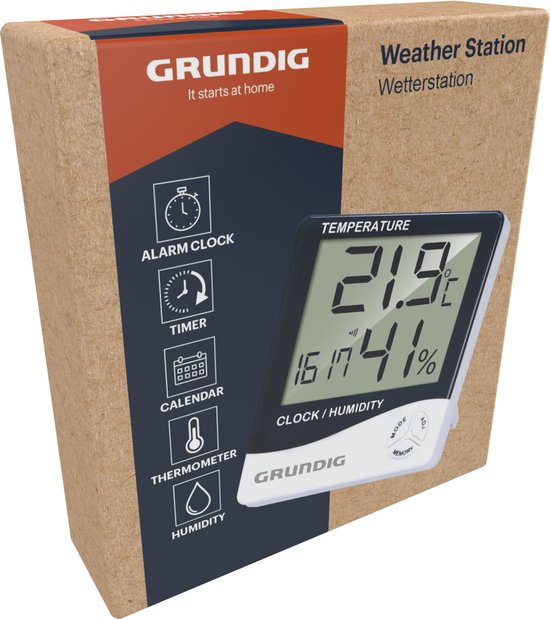 Grundig Wetterstation Digital - Innen- und Außenthermometer mit Hygrometer - Innen- und Außenwetterstation mit Uhr und Alarm - LCD-Display - 9,5 x 10,5 x 2 cm - Weiß/Schwarz