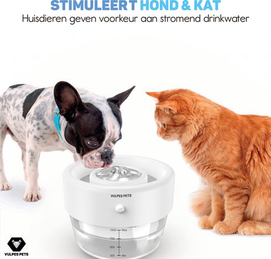 Vulpes Goods Pets - Trinkbrunnen für Katze & Hund PRO - Kabellos - Wiederaufladbar - Tragbar - Anti-Spill - weiß