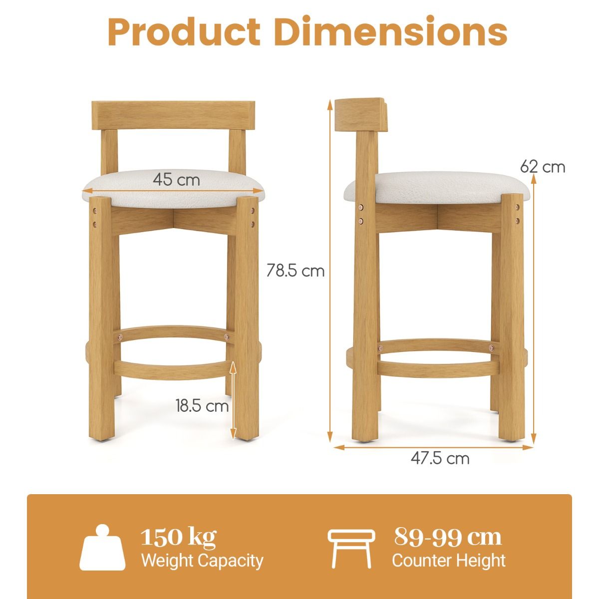 Coast Barhocker, 2er-Set – mit Rückenlehne und Fußstütze – Sitzfläche aus Teddy-Velours – Sitzhöhe 62 cm – Natur und Beige