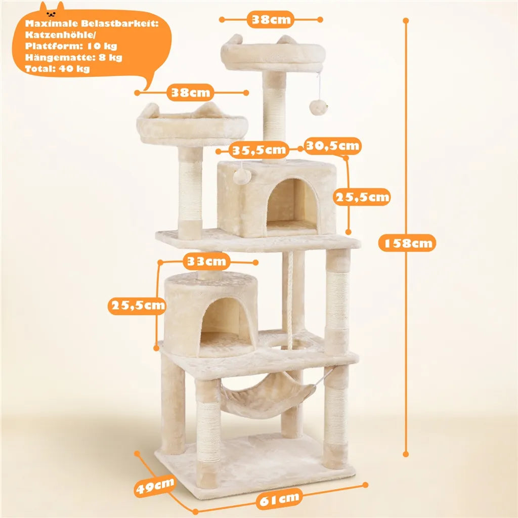 Yaheetech Kratzbaum Beige - 158 cm hoch - Mit 2 Plattformen, 2 Katzenhäusern und 5 Sisal-Kratzbäumen