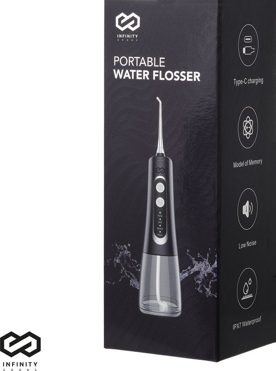 Infinity Goods Water Flosser - Oral Washer - Elektrische Zahnseide - Schnurlos und wiederaufladbar - 5 Aufsätze - Schwarz