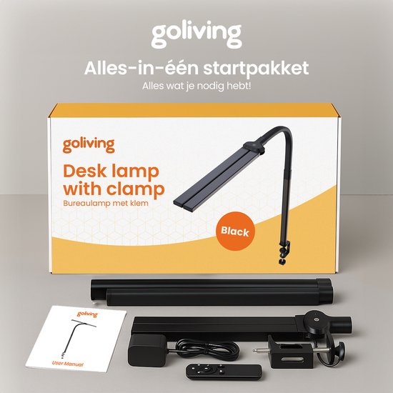 Goliving Schreibtischlampe mit Klemmhalterung XL - 78 CM - LED dimmbar mit Fernbedienung - Klemmhalterung - Tischlampe - Leselampe - Flexibel - LED Lampe - Touch Control - Softclose - Schwarz