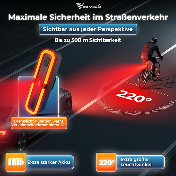 Fahrrad Rücklicht mit Bremslicht – StVZO geprüft – USB-C Akku – IPX5 Wasserdicht – Für Rennrad, MTB & Gravelbike