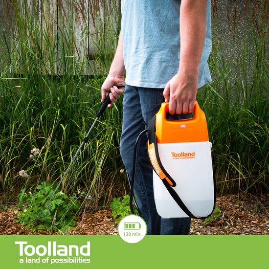 Toolland Drucksprüher, elektrisch, Akku, Teleskoplanze, verstellbarer Sprühkopf, Schultergurt, 6 Liter, weiß/orange/schwarz