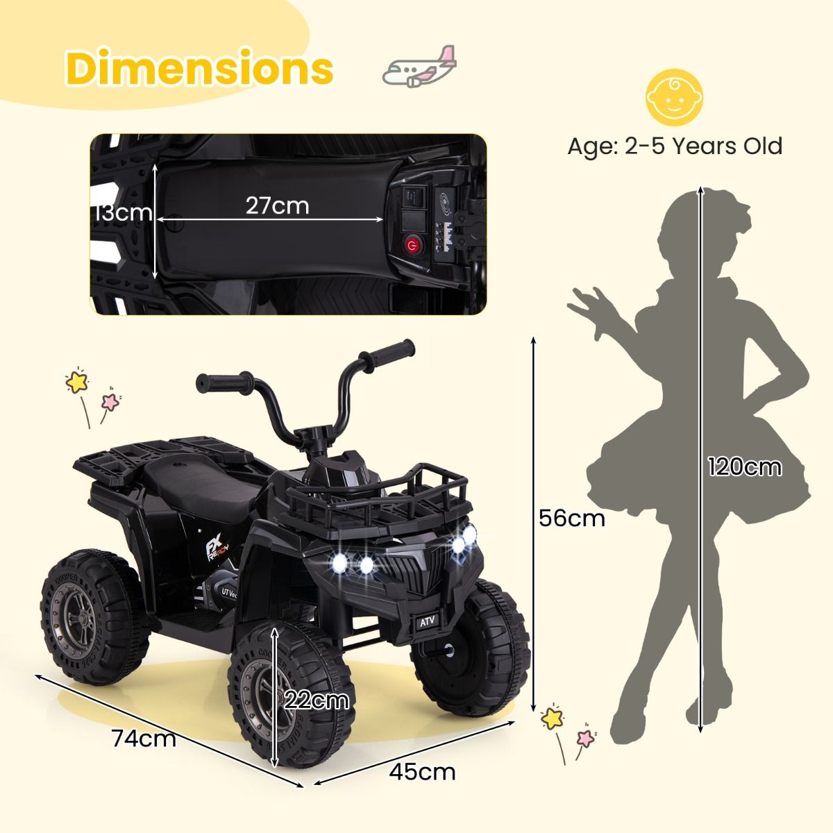 Coast Elektrisches Kinder-Quad – mit MP3-Player – Vorwärts- und Rückwärtsgang – schwarz