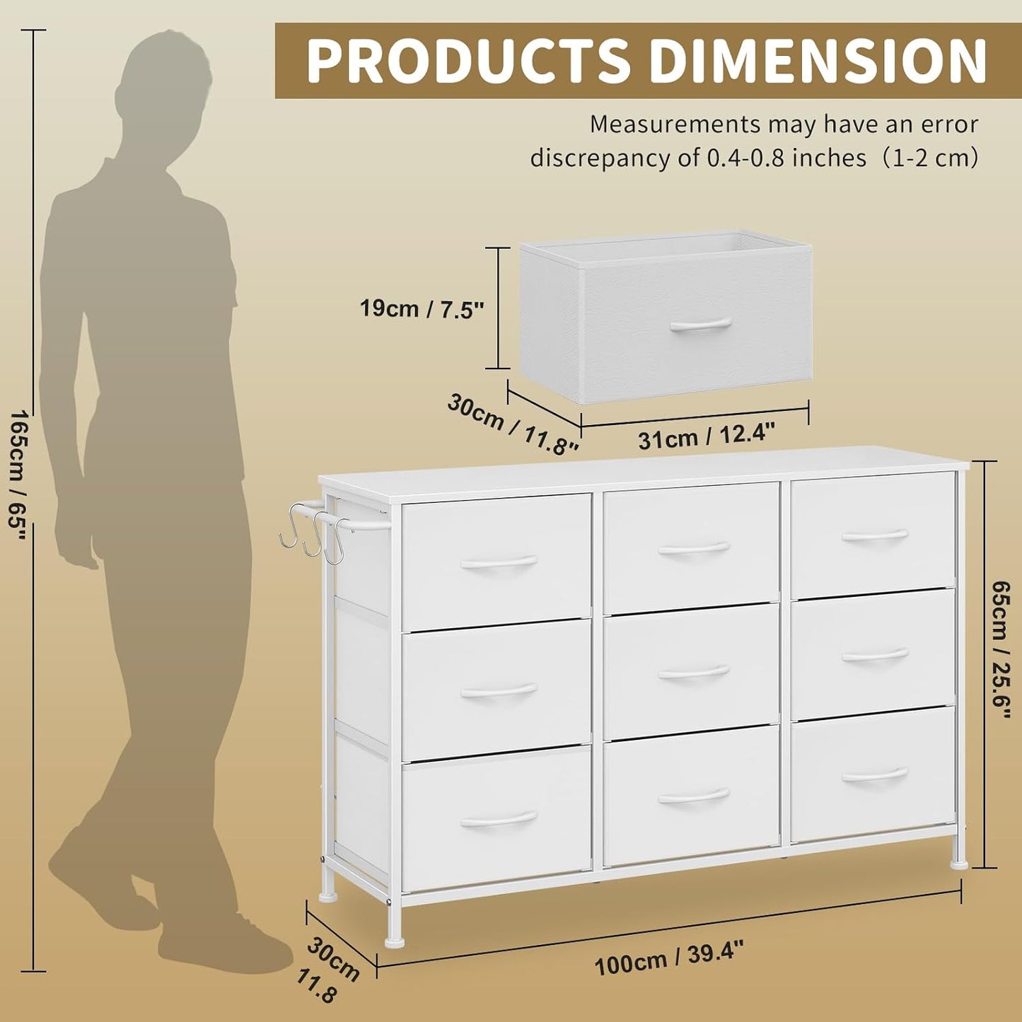 Leader Accessories Kommode mit 9 Schubladen aus Stoff für Flur und Wohnzimmer – 100 x 30 x 65 cm – Weiß