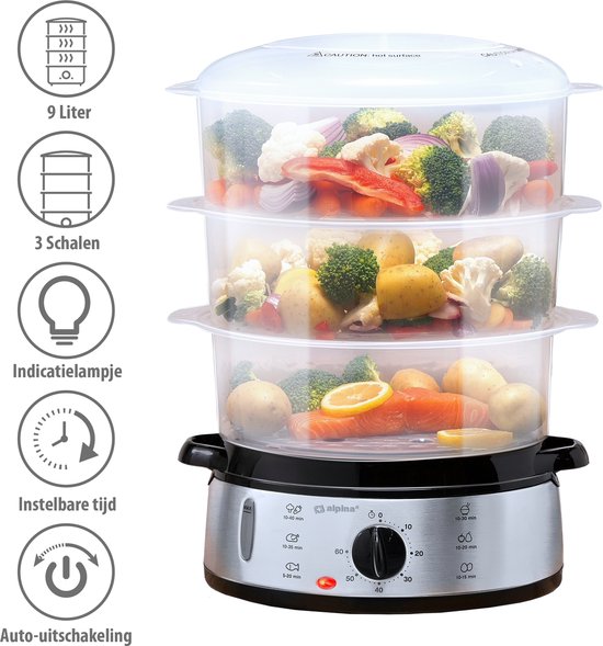alpina Dampfgarer 9 l – Dampfgarer 800 W – Dampfgarer mit Timer und Warmhaltefunktion – 3-Etagen-Gemüsedampfgarer – Dampfgarer für Gemüse, Reis, Hähnchen, Obst, Fisch und Eier – Edelstahl