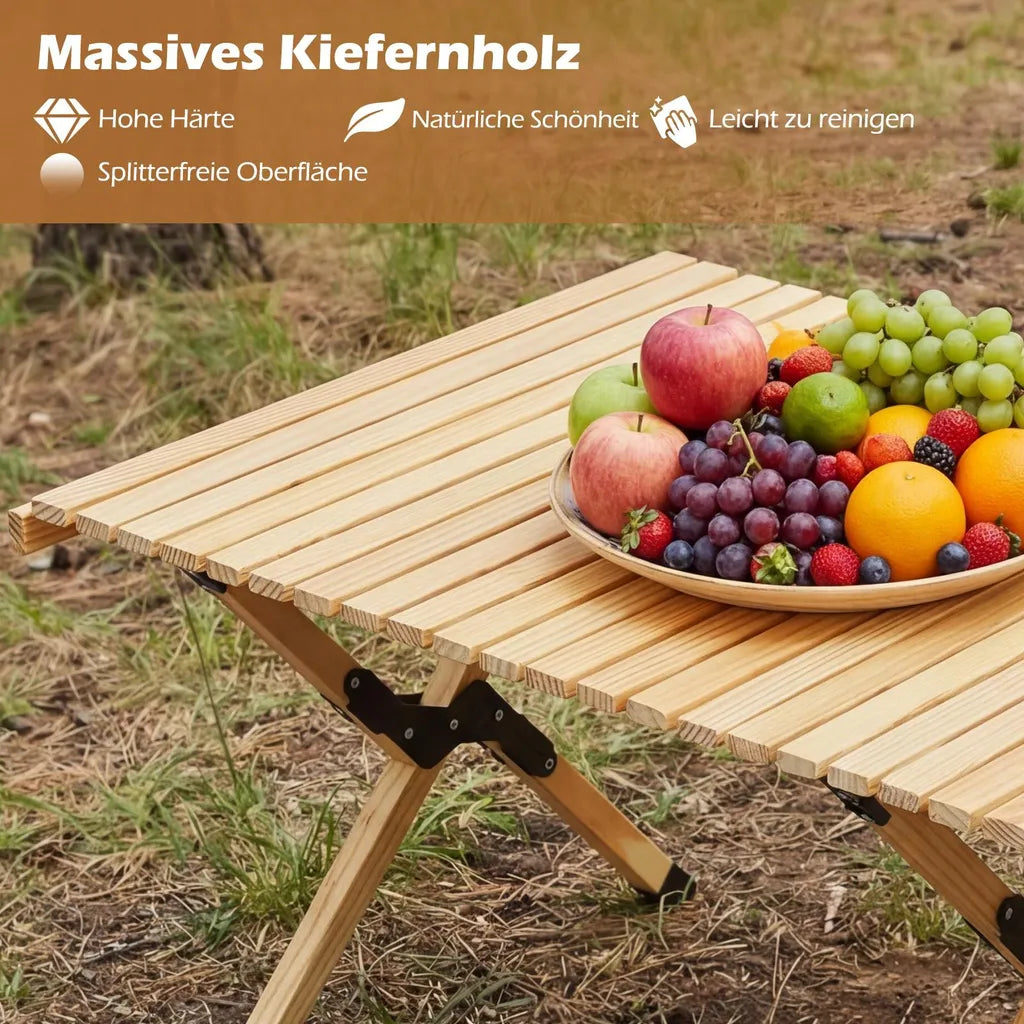 Coast Klappbarer Campingtisch 122 × 60 × 45 cm – Picknicktisch aus Holz für 4–6 Personen mit aufrollbarer Tischplatte und Tragetasche – Naturfarben