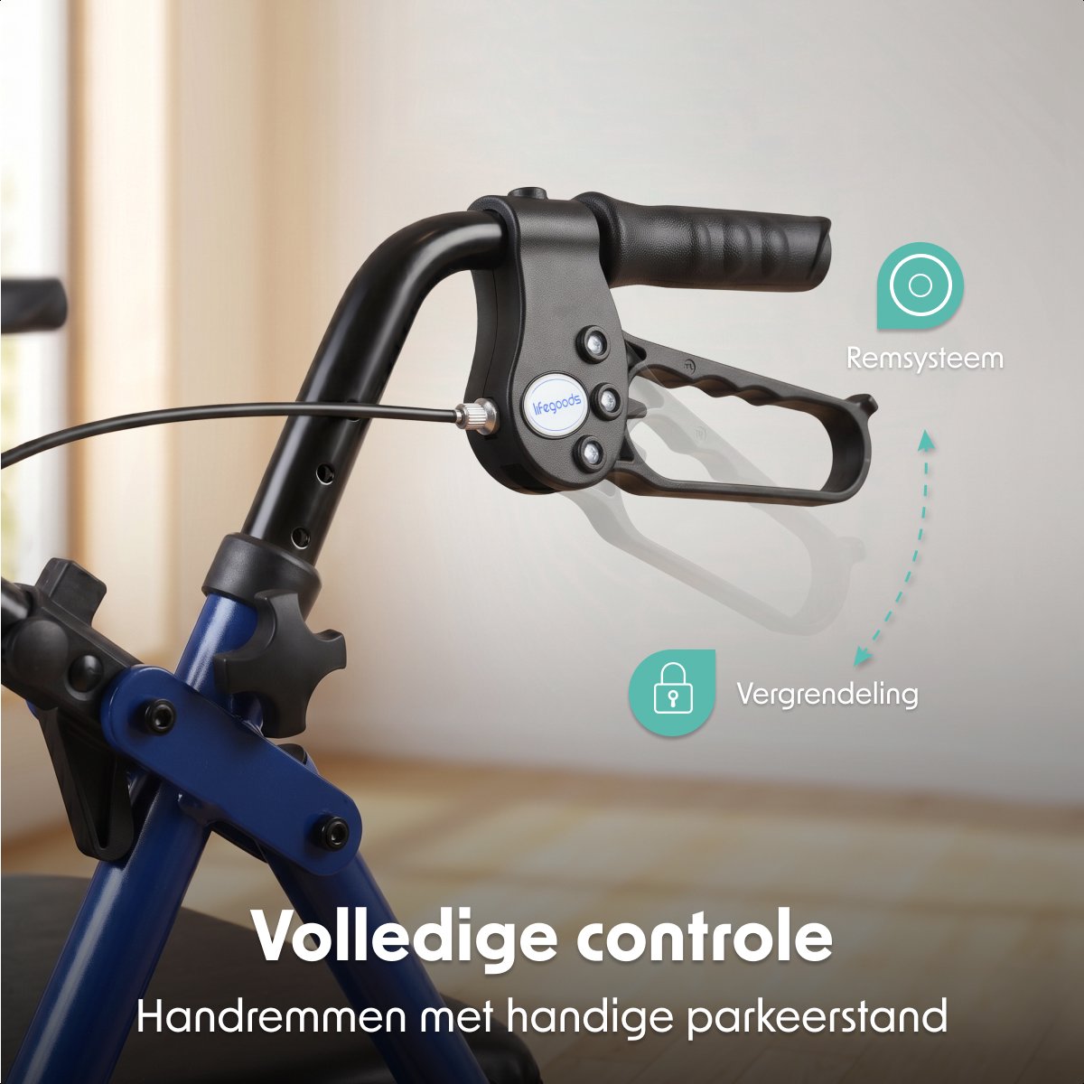 LifeGoods Basic Rollator – leicht und zusammenklappbar – mit Sitz und Rückenlehne – höhenverstellbar von 79 bis 89 cm – Tragkraft 136 kg – 66 x 59 x 79–89 cm – dunkelblau