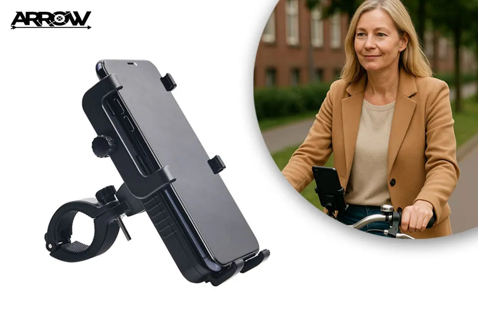 arrow 3-in-1 Fahrradhalter mit Powerbank und 3W Frontlicht - 70-105 mm breit, 120-200 mm lang