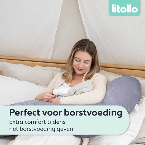 Litollo® Schwangerschaftskissen XL – Stillkissen – Körperkissen – Body Pillow – 140 cm – Abnehmbarer Bezug – Grau – Fleece