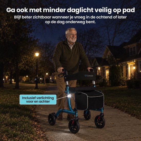 TrueSafe Rollator, leicht und zusammenklappbar (6,9 kg) – Für drinnen und draußen – Inkl. ergonomischem Sitzkissen, Beleuchtung, Rückenlehne, Gehstockhalterung und mehr – Blau