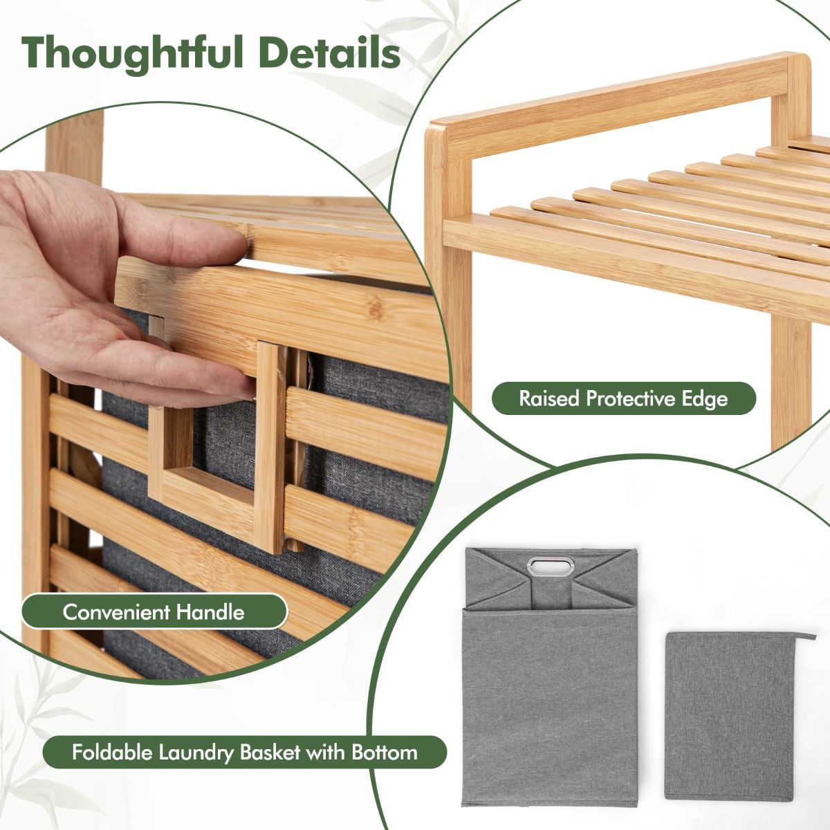 Coast Badezimmerregal mit Wäschekorb 43,5x33x96 cm - Bambus - Natürlich - Mit 2 Ablagen und herausnehmbarem Wäschesack