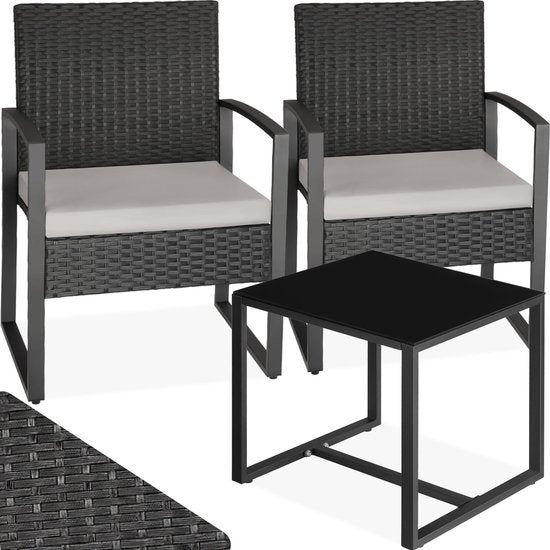 tectake - Geflechtsitzgruppe 2x Sessel mit Tisch, Balkonmöbelset, Gartenmöbel, Balkonmöbel, kleine Lounge, gepolsterte Stühle inklusive Gartentisch, wetterfest - schwarz - Poly-Rattan