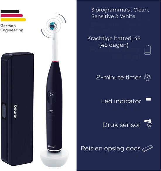 Beurer TB 50 Elektrische Zahnbürste - 3 individuelle Programme: Clean, Sensitive & White - Akkulaufzeit bis zu 45 Tage - Inkl. Aufbewahrungsbox, Ladegerät, Netzteil und 5x Bürstenköpfe - Timer - Im Test gut bewertet - 3 Jahre Garantie