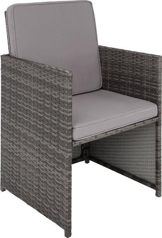 tectake - Geflechtsitzgruppe, 5-teiliges Lounge-Gartenmöbel-Set mit Tisch, Sessel und Hocker, Essgruppe für bis zu 4 Personen, Garten- und Balkonmöbel inkl. Kissen - grau - Poly-Rattan