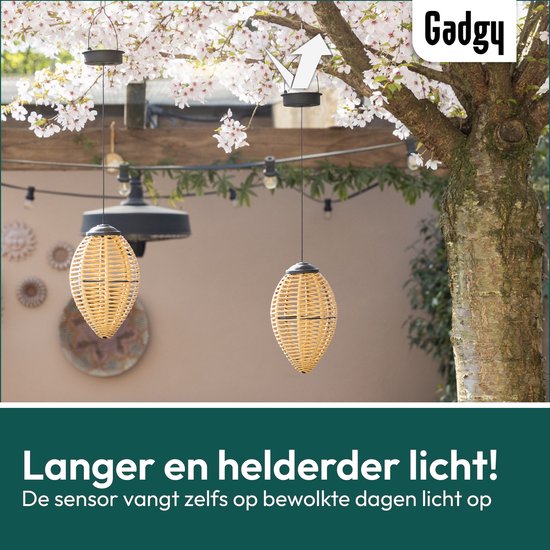 Gadgy Solar-Hängeleuchten für den Außenbereich - 2er-Set - Rattan-Look - LED-Solar-Gartenleuchten - Warmes Licht - Spritzwassergeschützt - Solarbetrieben - Hängeleuchte Gartendekoration