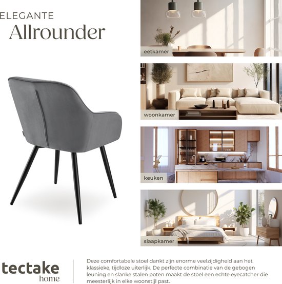 tectake® – Samtstuhl mit Steppmuster – Moderner Esszimmerstuhl – Schalensessel – Für Wohnzimmer, Esszimmer, Lounge oder als Frisiertischstuhl – Verschiedene Farben – Grau/Schwarz