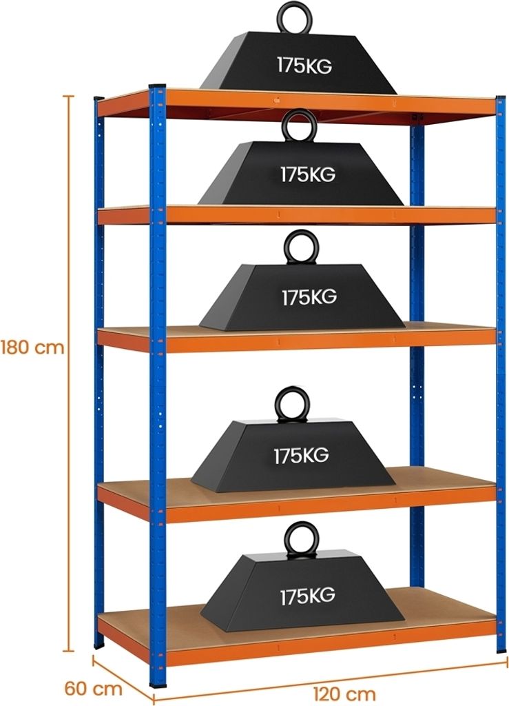 Yaheetech Schwerlast-Regal – 5 Einlegeböden – Bis zu 875 kg – Blau/Orange – 120 x 60 x 180 cm