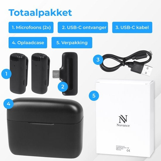 Nuvance - Drahtloses Mikrofon - 2 Stück mit Ladekoffer - Tie Pin Mikrofon - Usb C - Lavelier Mikrofon - Plug & Play