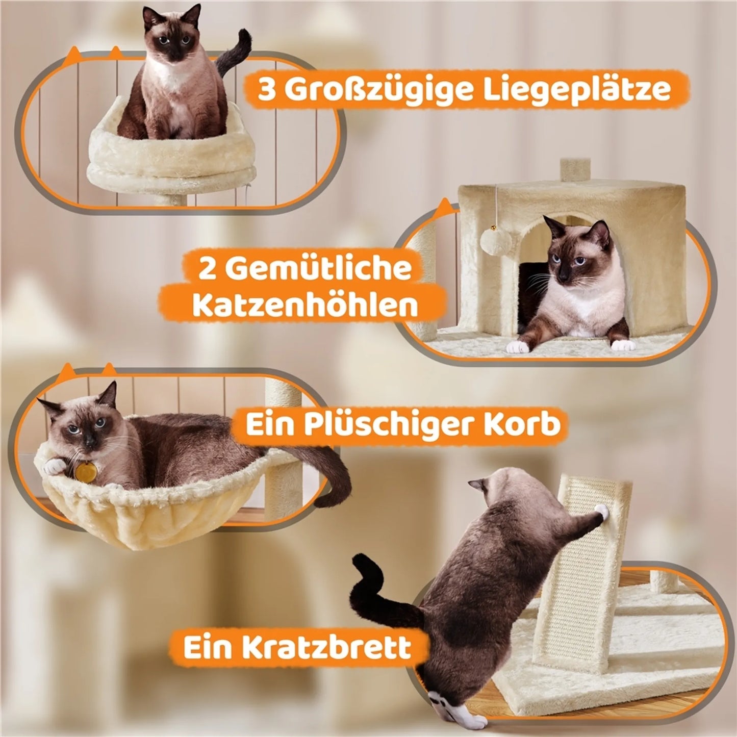 Yaheetech Katzenpfosten XXL mit 3 Aussichtsplattformen - Ausgestattet mit 2 Katzenhöhlen und Kratzbrett und Anti-Kipp-System - Für Haushalte mit mehreren Katzen - Beige Plüsch und Sisal - 55,5 x 55,5 x 175 cm