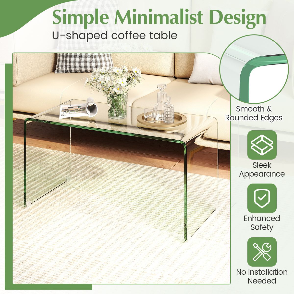 Coast Couchtisch – U-förmiger Beistelltisch – gehärtetes Glas – 81,5 x 42 x 40 cm – transparent