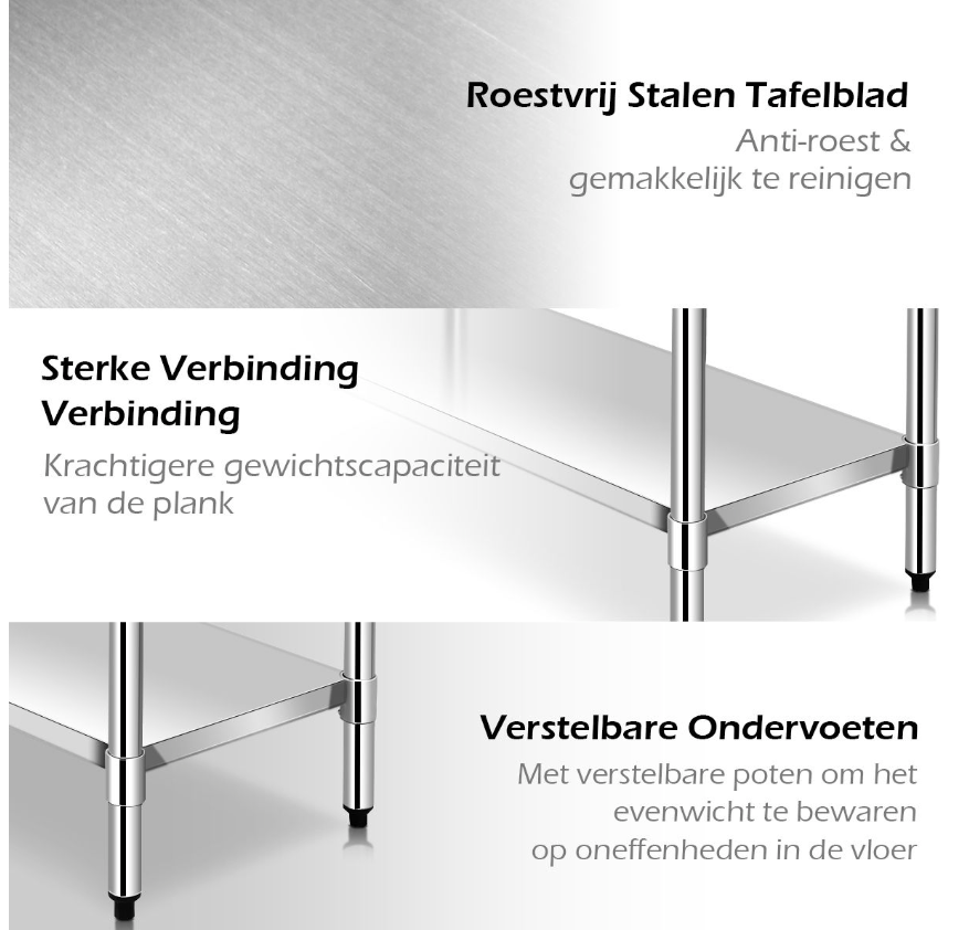 Coast - Küchenarbeitstisch - Edelstahl, 2 Ebenen, 150 kg Tischplatte - 122 x 61 x 90 cm - Edelstahl/Verzinkt - Silber