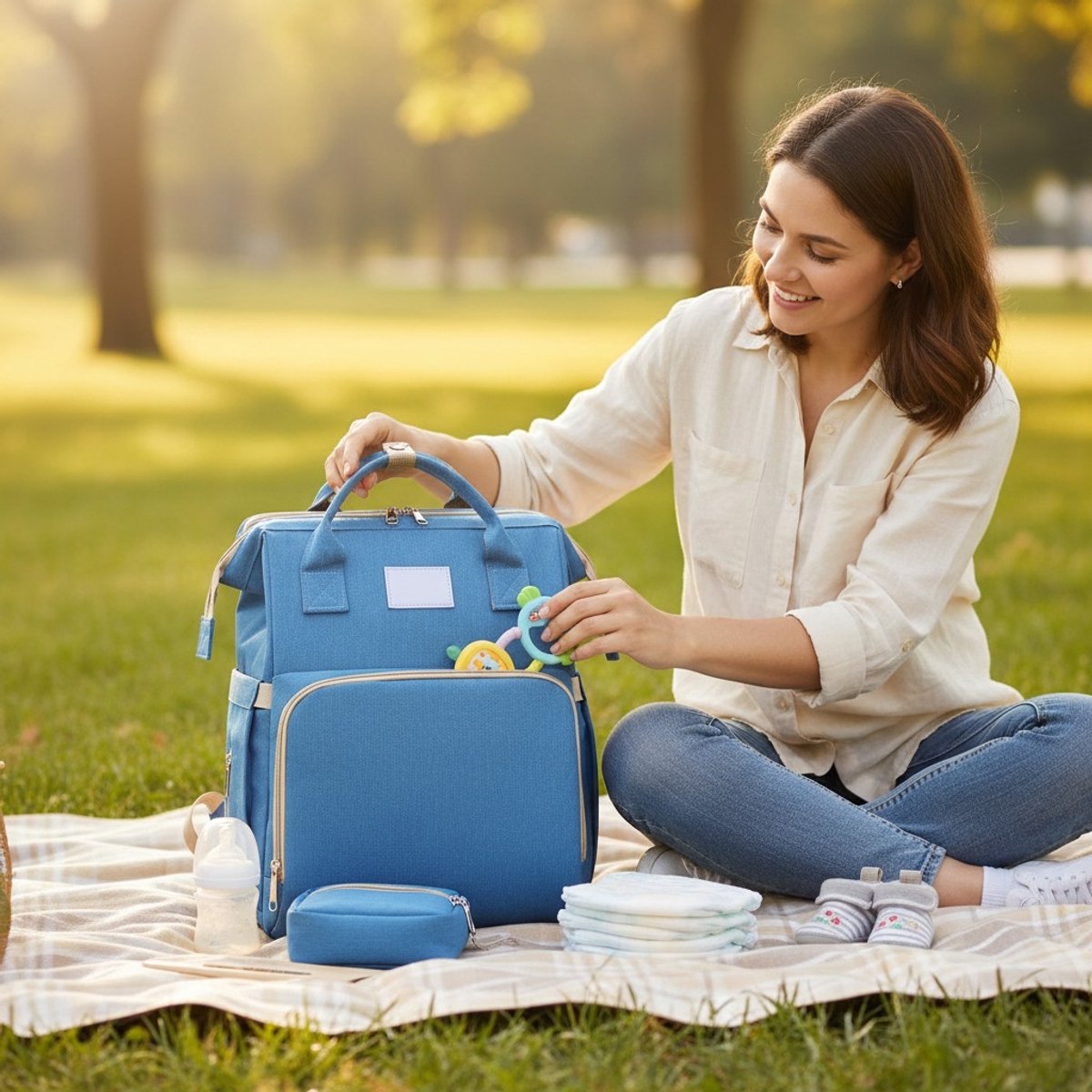 Qwali Wickeltasche, ausziehbar zum Bettchen – 7 Flaschenhalter – Blau-Grau