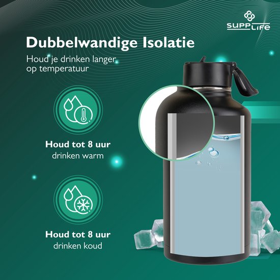 Supplife Luxe Edelstahl-Thermosflasche 2 Liter – doppelwandige Isolierung – BPA-frei und auslaufsicher