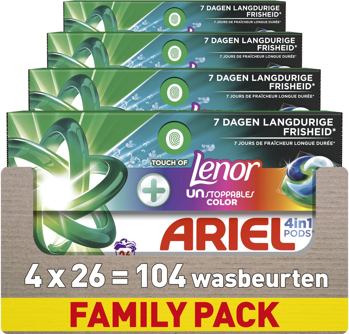 Ariel 4-in-1 Color Waschmittel-Kapseln + Lenor Unstoppables – 104 Waschgänge – 4 x 26 Kapseln