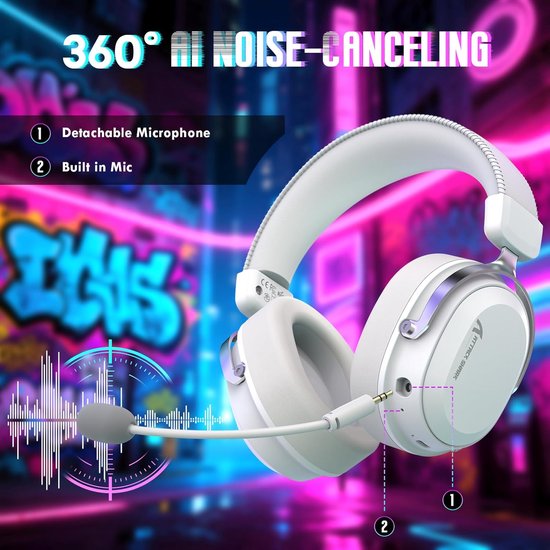ATTACK SHARK L30PRO Kabelloses Gaming-Headset – 7.1-Surround-Sound – 50-mm-Treiber – 20 ms geringe Latenz – abnehmbares Mikrofon mit Geräuschunterdrückung – Rahmen aus Aluminiumlegierung – Tri-Mode-Konnektivität – Over-Ear-Headset – Weiß