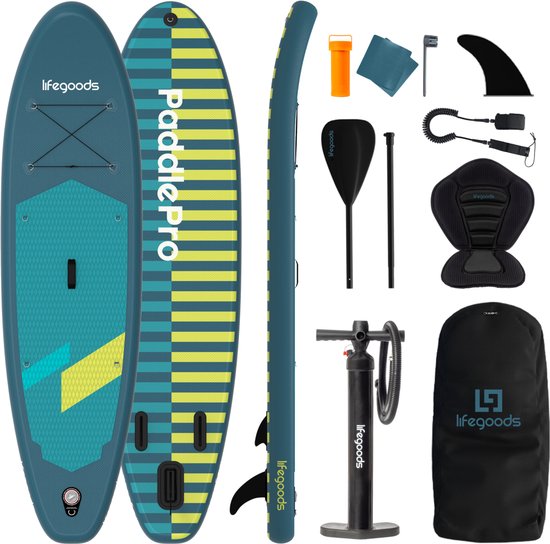 LifeGoods SUP Board All-round Compact - mit Sitz - 100 KG Tragfähigkeit - 300 x 76 cm - Aufblasbar - Komplettes SUP Paket - Cyan/Dunkelgrün