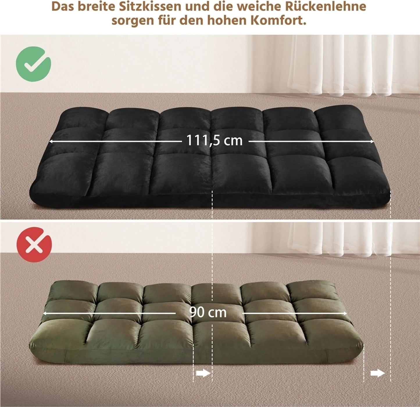 Yaheetech Boden Stuhl enthält 14 verstellbare Ständer - Features High Density Foam und robuste Metallrahmen und weichen Plüsch Stoff - für Wohnzimmer und Spielzimmer - Schwarz Polyester - 111,5 x 53 x 14 cm