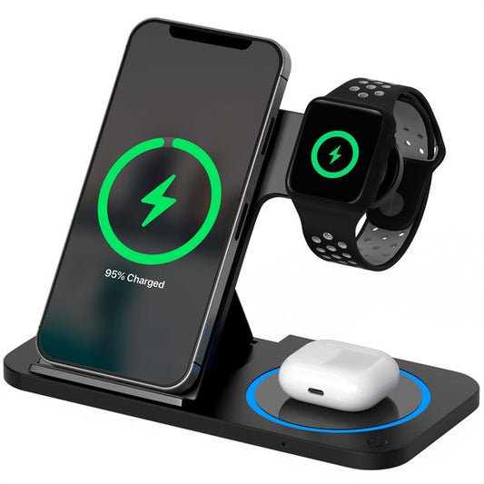 Strex 3-in-1 Wireless Charger - Ladestation - 15W Schnellladegerät - faltbar - geeignet für iOS & Android, Apple Watch, AirPods und Wireless Earphones - Schwarz