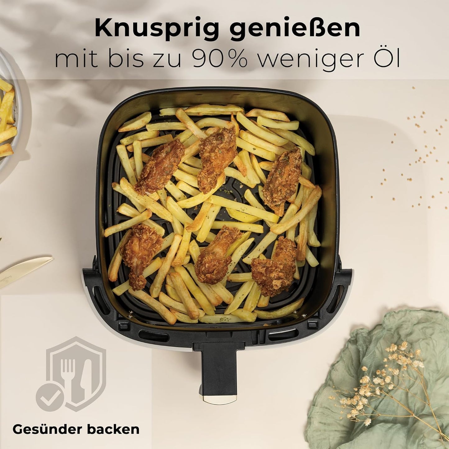 Berlinger Haus Heißluftfritteuse 8 Liter – Matt-Creme – Digitales Touch-Display – 1650 W – 33 x 36,5 x 36,5 cm