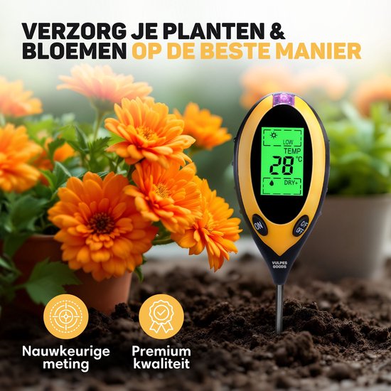 Vulpes Goods® Feuchtemessgerät für Pflanzen - 4-in-1 - Feuchtemessgerät - Innen und Außen - Hygrometer für Zimmerpflanzen - - pH, Lichtmessgerät, Temperaturmessgerät und Feuchtemessgerät - Bodenfeuchtemessgerät - PRO Version - inkl. Batterie