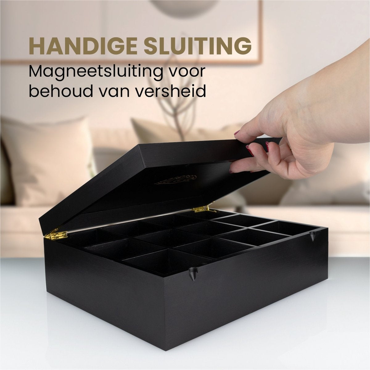 Nimma - Teebox - 12 Fächer - Magnetischer Verschluss - Geeignet für Pickwick, Lipton und mehr - Schwarz